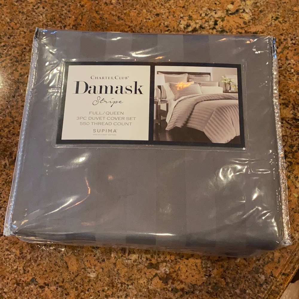 NEW! Charter Club Stripe Gray Duvet Cover and 2 Standard Shams